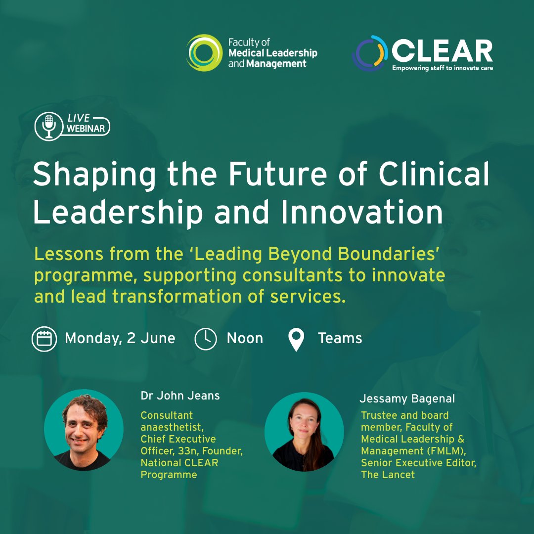 Faculty of Medical Leadership and Management (@fmlm_uk) on Twitter photo Want to lead real change in the NHS?
Join our free webinar on 2 June, 12–1pm, with <a href="/clear4care/">CLEAR - Empowering staff to innovate care</a> & FMLM.
Explore how leadership + transformation skills can tackle system challenges & boost retention.
🎟️Sign up: bit.ly/4dvwBrV
#NHS #Leadership #Innovation #CLEARProgramme Want to lead real change in the NHS?
Join our free webinar on 2 June, 12–1pm, with <a href="/clear4care/">CLEAR - Empowering staff to innovate care</a> & FMLM.
Explore how leadership + transformation skills can tackle system challenges & boost retention.
🎟️Sign up: bit.ly/4dvwBrV
#NHS #Leadership #Innovation #CLEARProgramme