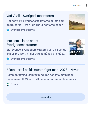 Det tycks som att Googles AI är Sverigedemokrat?
Puffar dessa länkar efter frågan "vilket parti ska man rösta på om man vill att Sverige ska bli bättre". Eller är det betalt?
#svpol