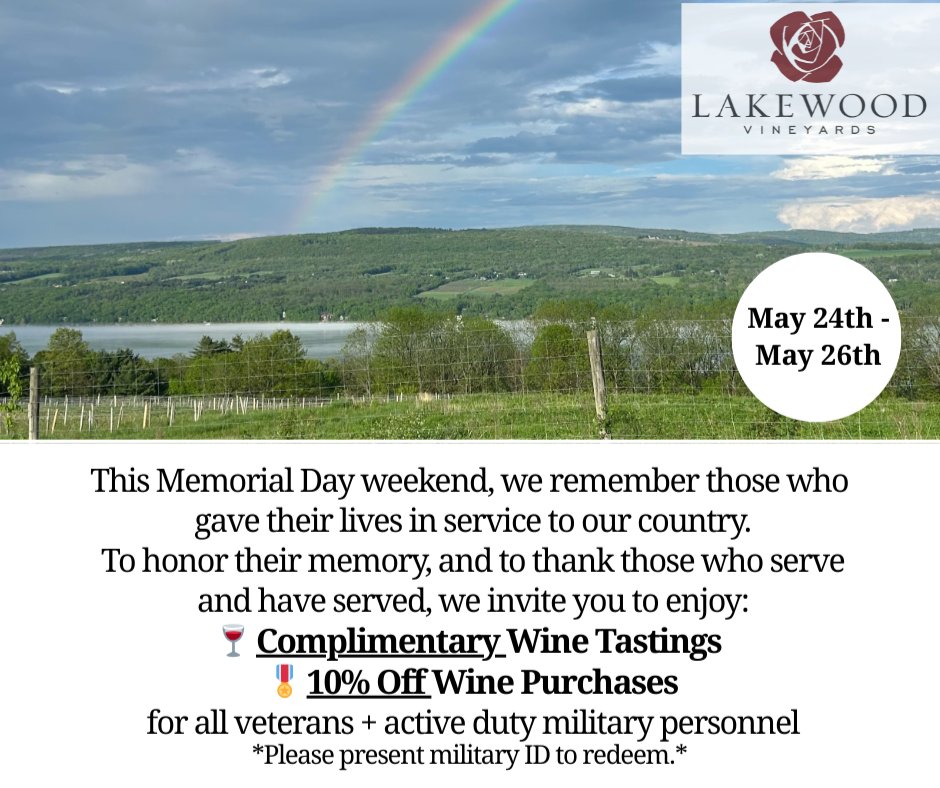This Memorial Day weekend, we honor and remember those who made the ultimate sacrifice. 🇺🇸 

Stop in May 24–26 — we’d love to raise a glass with you. 🍷

#MemorialDay #LakewoodVineyards #ThankYouForYourService #FingerLakes #wine #senecalake