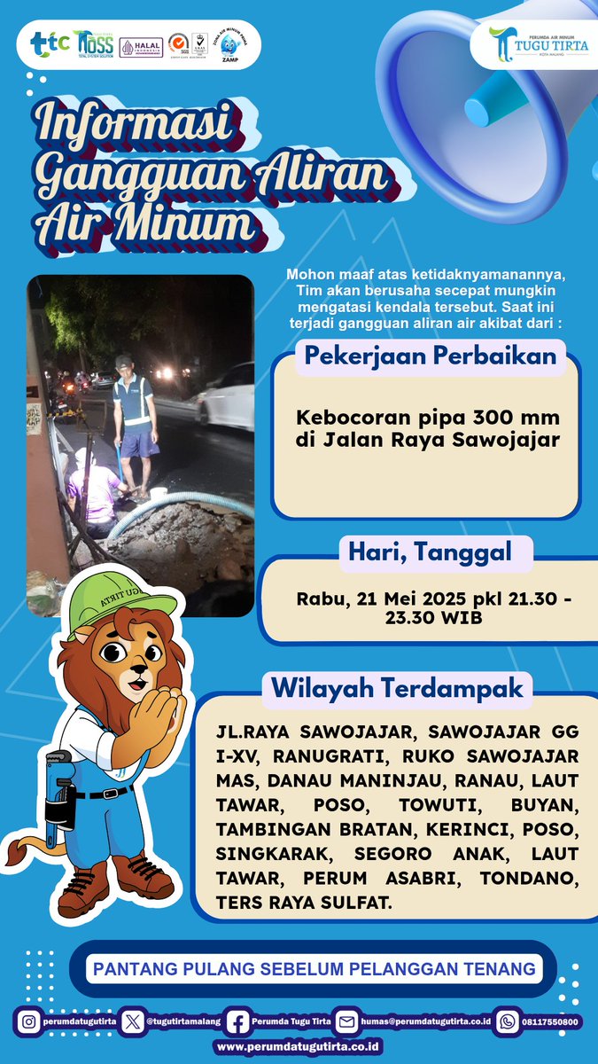 Teruntuk warga Sawojajar, mohon maaf atas ketidaknyamanannya, karena adanya kebocoran pipa di jl. Raya Sawojajar.