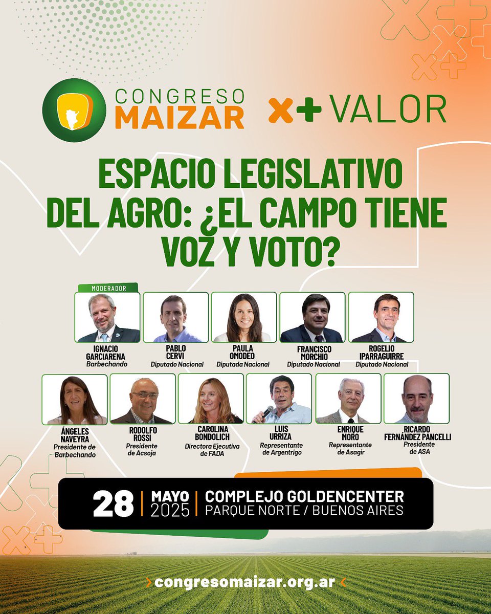 ¡FALTA 1 SEMANA! #CongresoMaizar2025 🌽🍿 

Los invitamos a nuestra charla con el Espacio Legislativo del Agro y el CEABI, sobre la agenda del campo en el Congreso de la Nación y cómo construir consensos entre la política y el agro <a href="/maizararg/">MAIZAR</a> 

🔗 congresomaizar.org.ar