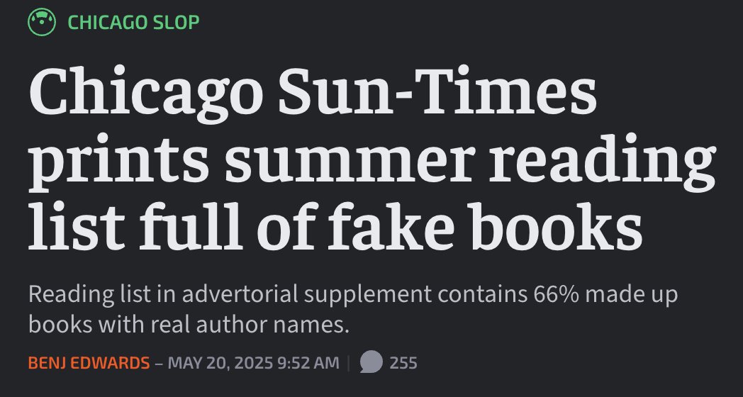 Polar_Ablation's tweet image. The Chicago Sun Times used AI to generate a list of books for summer reading. Unfortunately for them most of the books don&apos;t exist. AI lies. All the time.