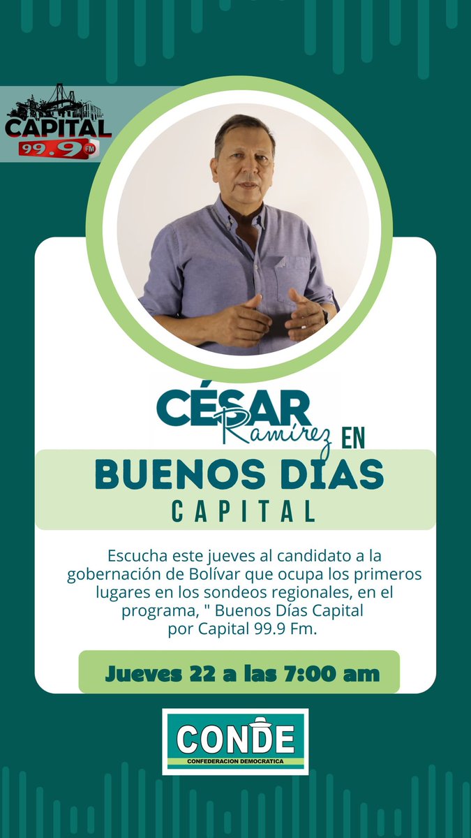 guayanaFV's tweet photo. 🚨 𝘔𝘈𝘕𝘈𝘕𝘈 𝘑𝘜𝘌𝘝𝘌𝘚 #22𝘔𝘈𝘠𝘖
🔊 Programa: Buenos Días Capital
🕘 7:00 AM
🎙️ Tema: propuestas del candidato a la Gobernación del edo Bolívar 𝘾𝙀𝙎𝘼𝙍 𝙍𝘼𝙈𝙄𝙍𝙀𝙕
 🎧 Conduce: Beto Nessi

Sintoniza «Capital» 99.9 FM @capital999fm

@Cesarramirezpoz
@RUBERPEREZ1970 https://t.co/WfYAudPjmz