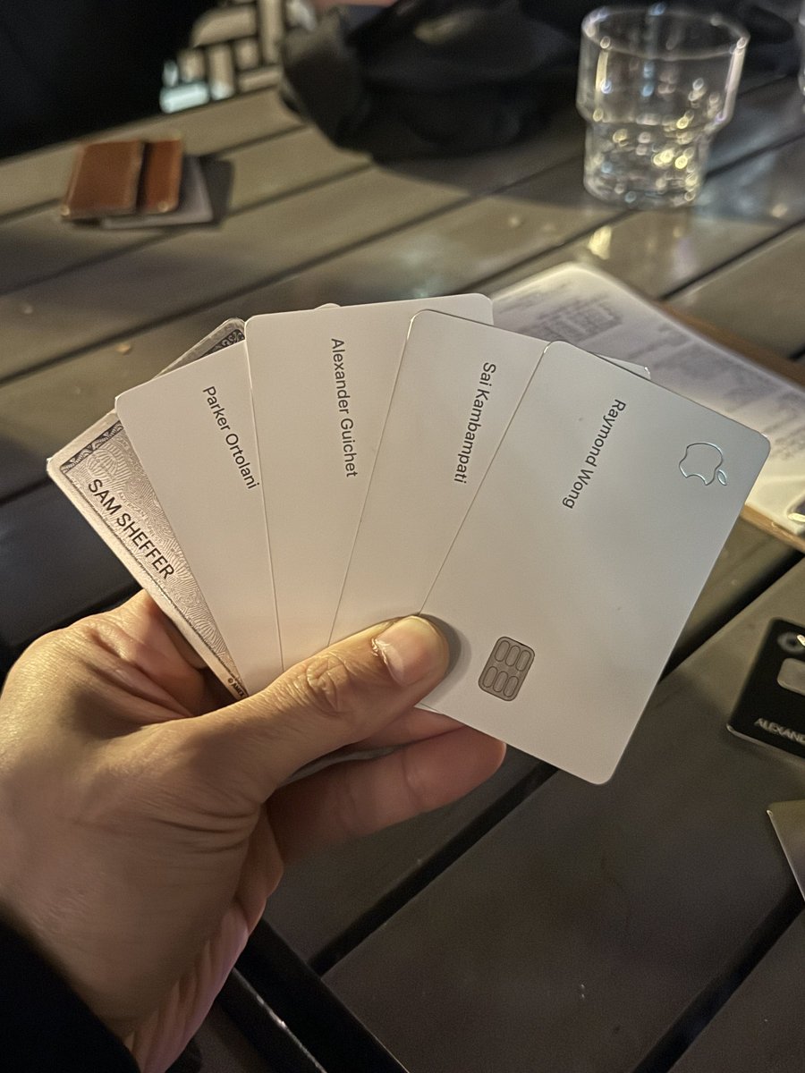 Ray Wong (@raywongy) on Twitter photo The most Apple Cards to ever assemble and split a dinner check š
This is what happens when tech nerds dinner together <a href="/ParkerOrtolani/">Parker Ortolani</a> <a href="/samsheffer/">Sam Sheffer</a> <a href="/ianzelbo/">Ian Zelbo</a> <a href="/AlexGuichet/">Alex Guichet</a> <a href="/heysaik/">sai</a> The most Apple Cards to ever assemble and split a dinner check š
This is what happens when tech nerds dinner together <a href="/ParkerOrtolani/">Parker Ortolani</a> <a href="/samsheffer/">Sam Sheffer</a> <a href="/ianzelbo/">Ian Zelbo</a> <a href="/AlexGuichet/">Alex Guichet</a> <a href="/heysaik/">sai</a>