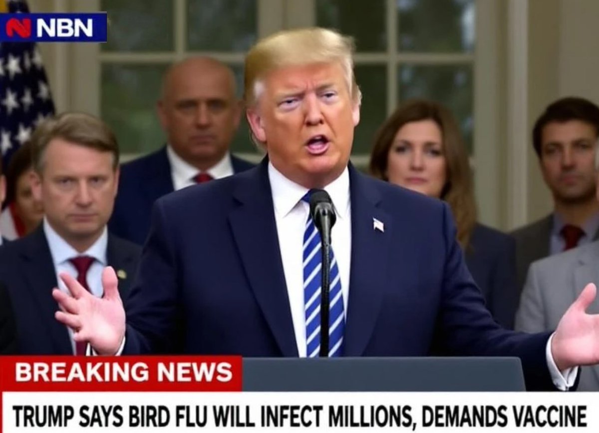 NBNBreakingNews's tweet photo. 🚨BREAKING NEWS:     

Trump says Bird Flu will infect millions, demands vaccine

#Trump #BirdFlu #Vaccines #Vaccine #BirdFluVaccine #Bongino #KashPatel #Economy #Dow #StockMarket #Bonds #BondMarket #Crash #Crypto #MarketCrash #SPX #DowJones #BreakingNews https://t.co/ojahUOCUyW