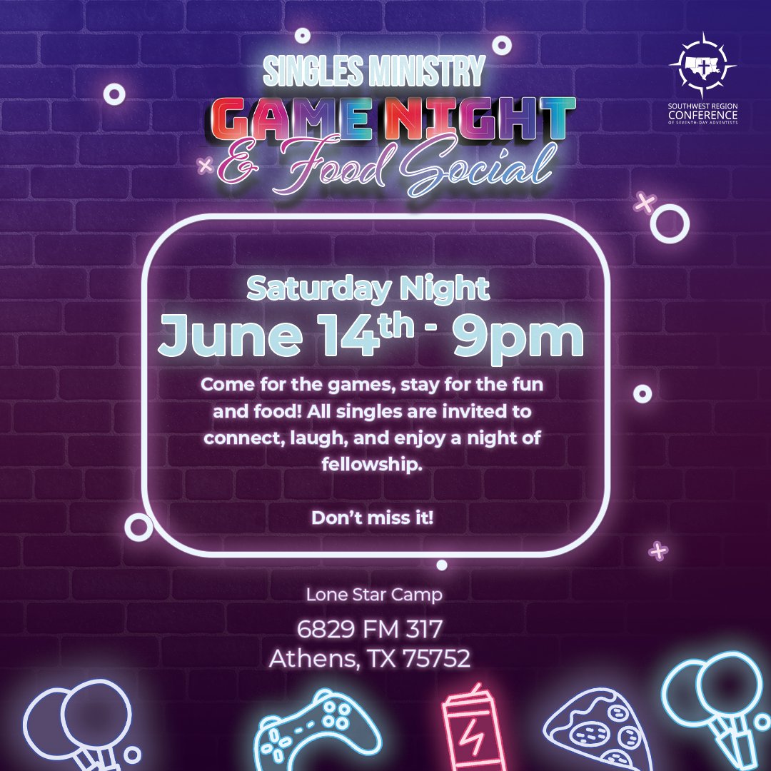 SWRCSDA's tweet image. 🎉 Singles, it's your night!

Join us for the **Singles Ministry Game Night &amp;amp; Food Social** 🎮🍕
📍 Lone Star Camp, Athens, TX
🗓️ Sat, June 14 | ⏰ 9:00 PM

Come connect, laugh, and enjoy great food &amp;amp; fellowship!

#SWRGC #SinglesMinistry #GameNight #LetItRain #CampMeeting2025