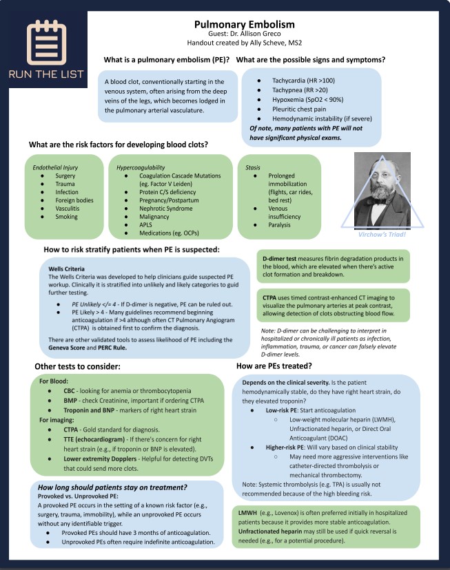 We are back with another RTL handout by Ally Scheve for "Pulmonary Embolism" and links to the episode below!

iTunes: podcasts.apple.com/us/podcast/pul…

Spotify: open.spotify.com/episode/6LOmPW…

#MedEd