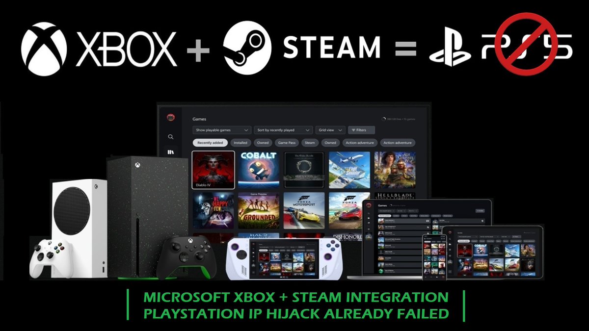JamesFox_SJF's tweet photo. REPORT: Sony Will Block Access to PlayStation Games on Any Xbox Device Utilizing Steam Integration!
Microsoft's PlayStation IP Hijack Already Failed?
WATCH HERE https://t.co/vI7Qr9yZn8
#XboxSteam #PlayStation #PS5Games https://t.co/vbWj7UPAoT