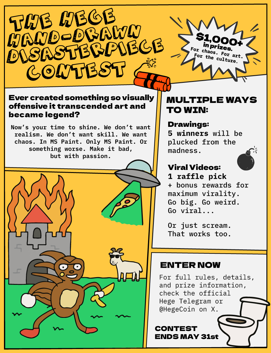 🖍️ The Hege Hand-Drawn Disasterpiece Contest
Stick figures. Bad proportions. Terrible Artists. MS Paint-level skill. This is your moment.

✏️ What’s This?
Contestants will draw versions of Hege characters from the storyline. Using MS Paint (or equivalent) or Pen &amp; Paper.
Low