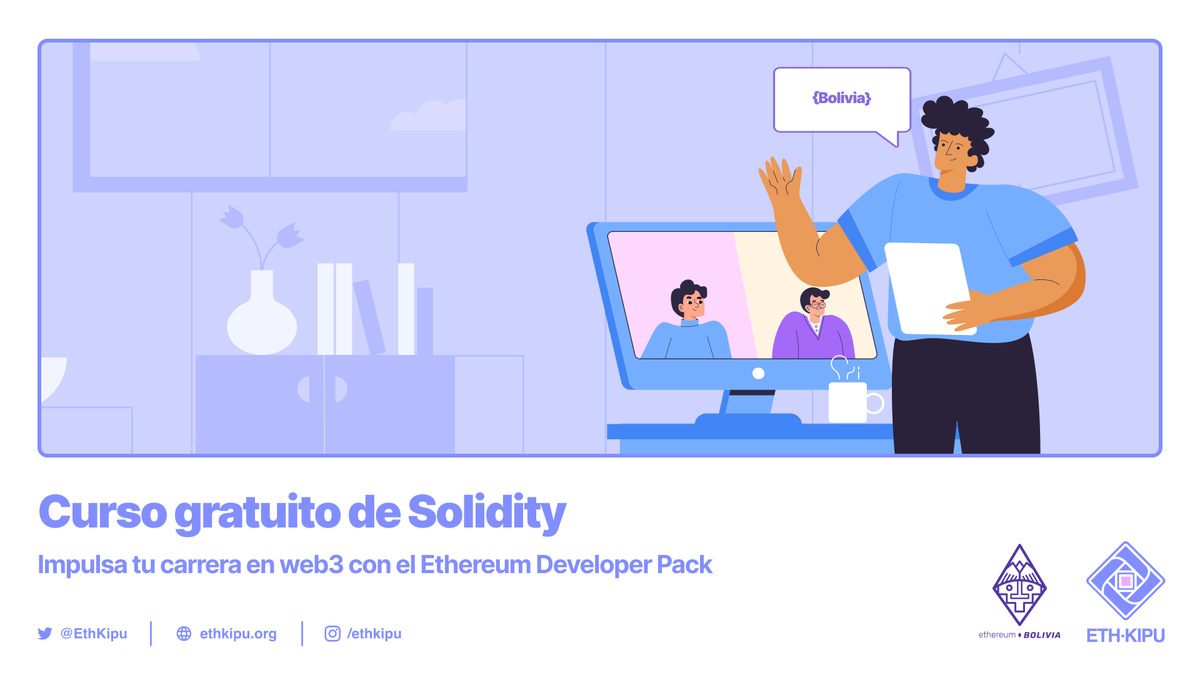 ETHKipu's tweet photo. 📢 ¡Curso gratuito y presencial de Solidity en Bolivia junto a @EthereumBo!

✨ Realizaremos el "Ethereum Developer Pack" en TRES ciudades:

🇧🇴 Cochabamba - Santa Cruz - La Paz 🇧🇴

¡Es tu oportunidad de convertirte en desarrollador Blockchain!

+ info e inscripciones 👇 https://t.co/j7cO2GnRoP
