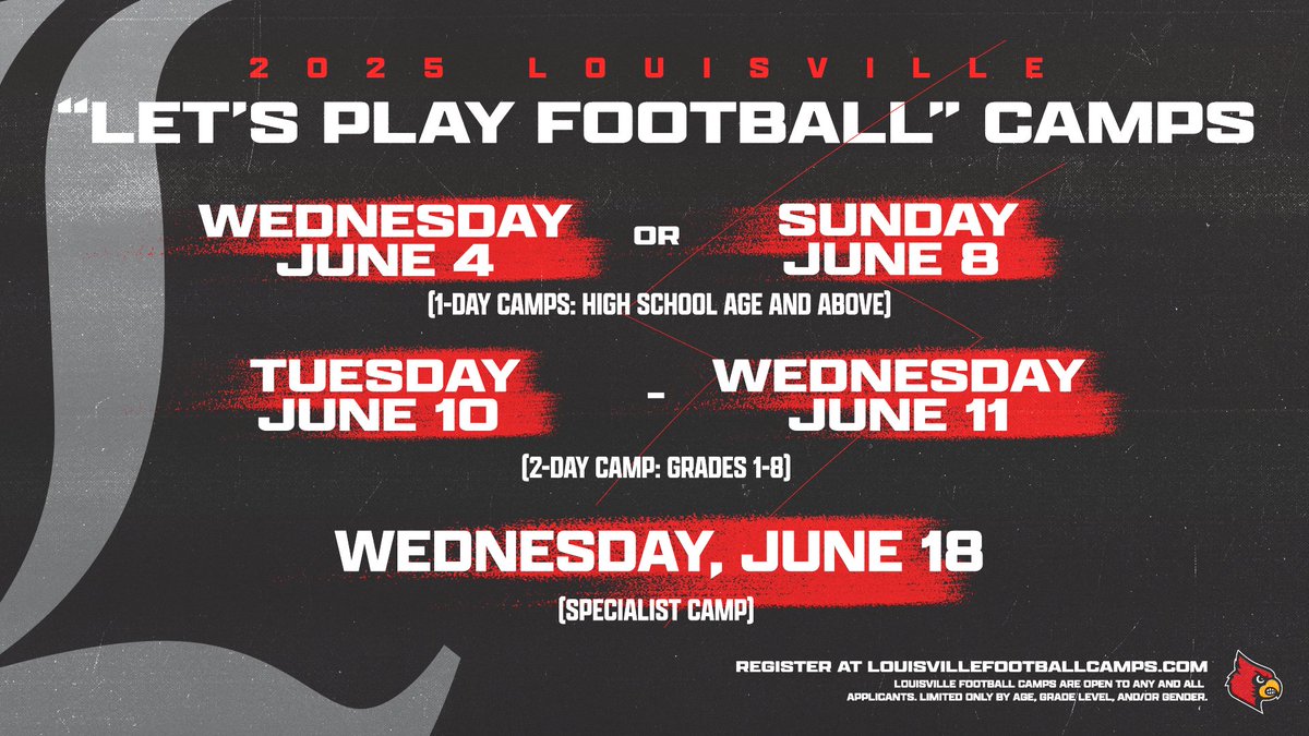 The first set of camp dates is right around the corner!

Register today: LouisvilleFootballCamps.com 

#GoCards