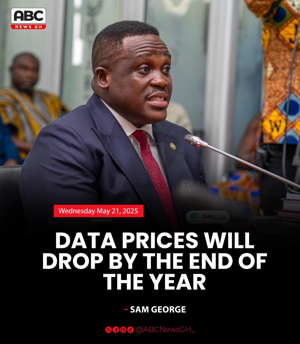 ABCNewsGH_'s tweet photo. Minister for Communications, @samgeorgegh has stated that data prices will go down by the end of 2025....
#ABCNewsGh #DataPrices #SamGeorge #Ursula https://t.co/6kDr1HE6dj