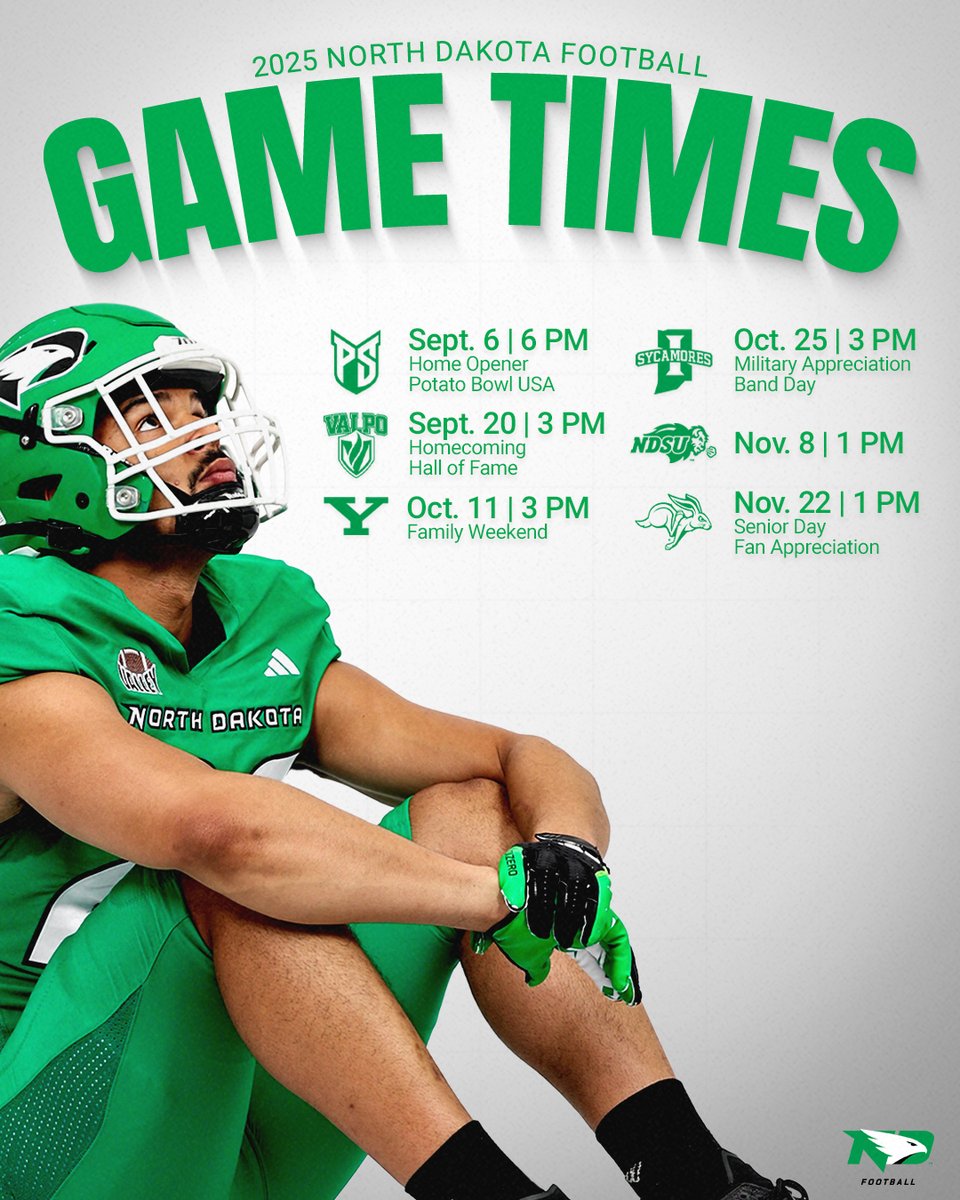 North Dakota releases 2025 home kickoff times &amp; promotions

🗓️: fightinghawks.com/sports/footbal…

#UNDproud | #LGH
