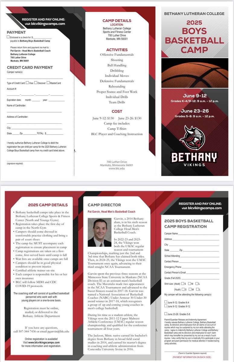 🚨2025 BLC Summer Camp info!!

Camp Dates:

- June 9th-12th (K-4th &amp; 9th-12th)
- June 23rd-26th (5th-8th) 

*** Grades entering Fall 2025

Time: 9:00am-Noon 

Cost: $130 

Register online- mensbasketball.blcvikingscamps.com/summer-camps.c…
