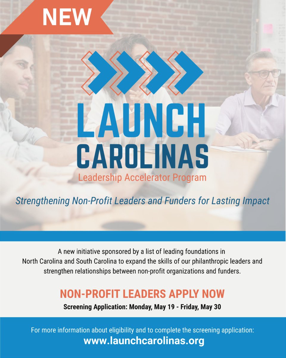 📣 Non-profit leaders in SC &amp; NC: Apply now for the Launch Carolinas Leadership Accelerator, a new program to grow your skills &amp; connect with funders.

🗓️ Apply May 19–30
🔗 Details: launchcarolinas.org
#NonprofitLeadership #Carolinas #Philanthropy
