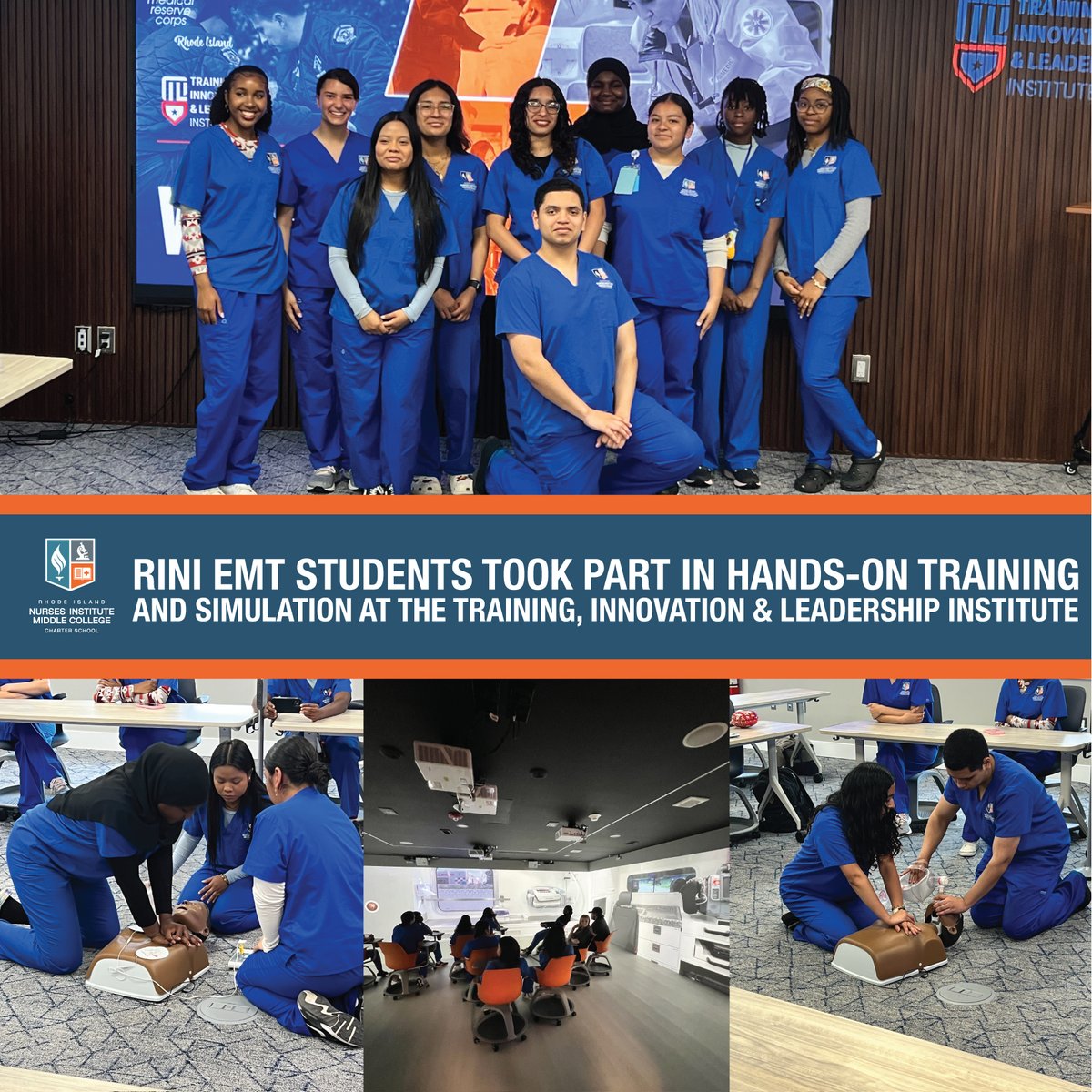 RINI EMT students had an incredible learning experience at the Training, Innovation &amp; Leadership Institute! They took part in hands-on simulations, explored a 270° immersive training room, and gained valuable insight from professionals in the field.