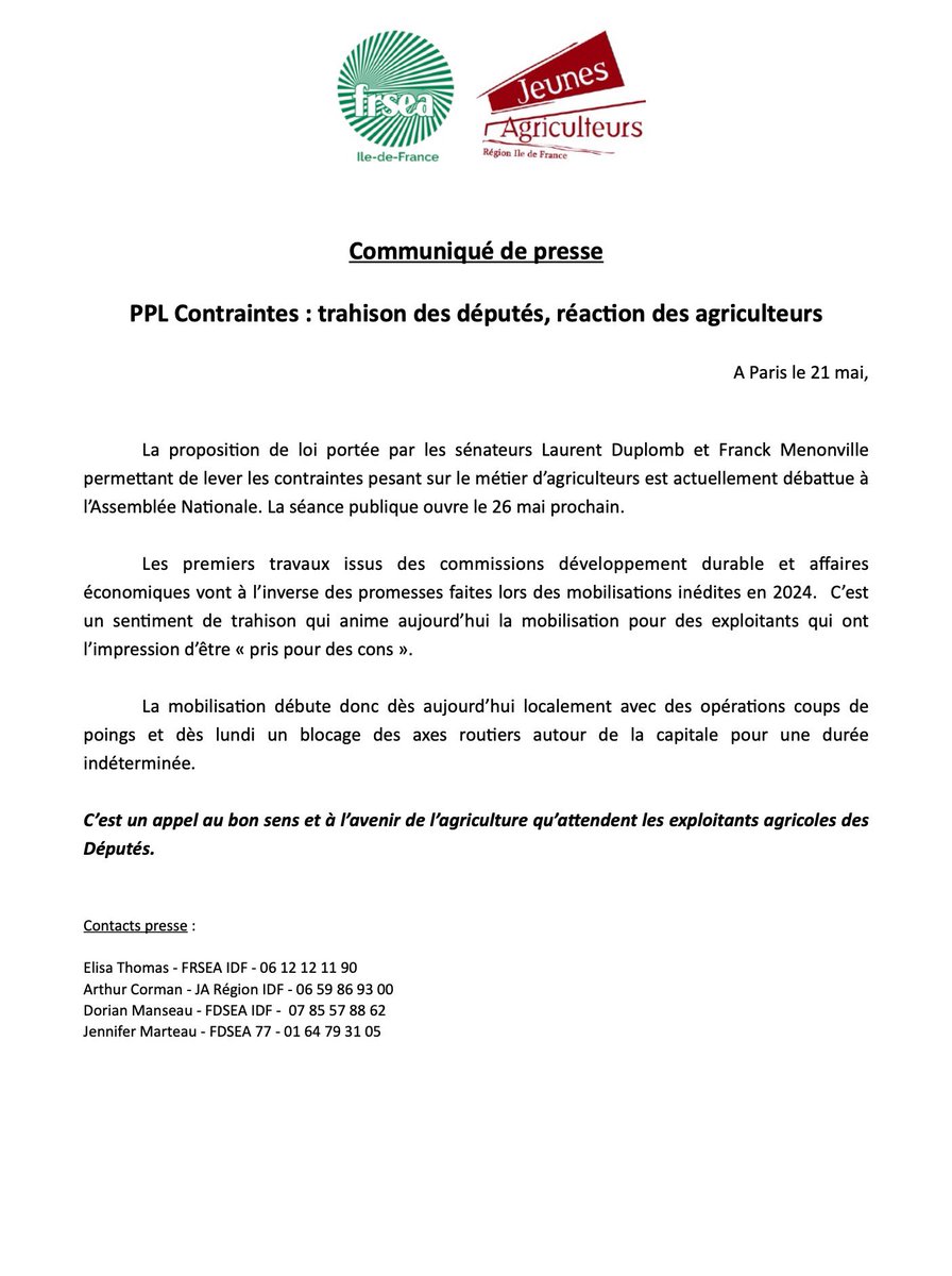 🚨CP des agriculteurs franciliens 📷PPL Contraintes à
<a href="/AssembleeNat/">Assemblée nationale</a> : trahison de députés, réactions des agriculteurs. Mobilisations syndicales en Île de France à partir d’aujourd’hui 📢 !