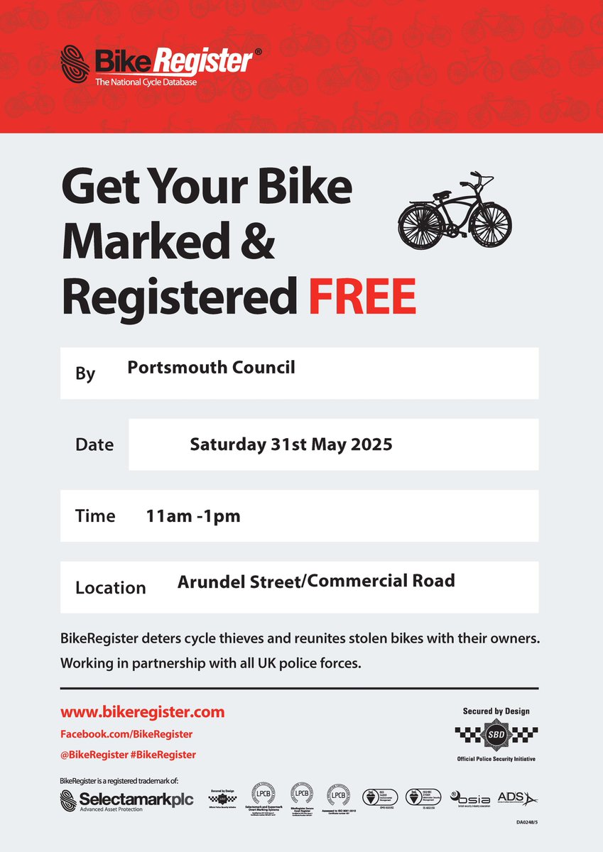Portsmouth City Council are working with Portsmouth Police to mark your cycles for FREE! #BikeRegister
