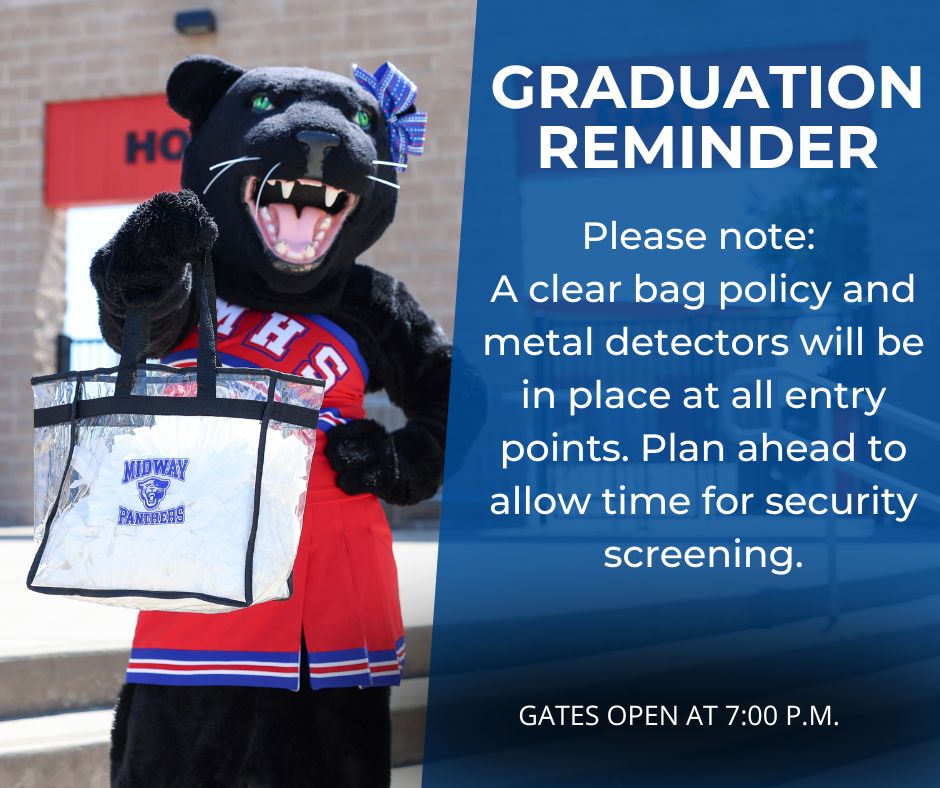 Midway ISD (@midwayisd) on Twitter photo The countdown is on! Join us as we celebrate the <a href="/MidwayHS/">Midway High School</a> Class of 2025 on Friday, May 23 at 8 p.m. at Panther Stadium. Please note: A clear bag policy and metal detectors will be in place at all entry points. View Live Stream at midway.tv The countdown is on! Join us as we celebrate the <a href="/MidwayHS/">Midway High School</a> Class of 2025 on Friday, May 23 at 8 p.m. at Panther Stadium. Please note: A clear bag policy and metal detectors will be in place at all entry points. View Live Stream at midway.tv