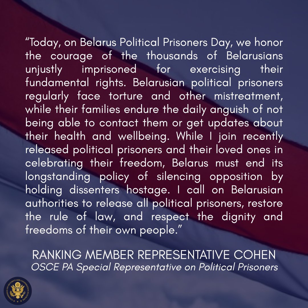 Belarusian authorities hold thousands of dissenters hostage, many of whom are held incommunicado.

On the Day of Solidarity with Political Prisoners in Belarus, we honor the courage of Belarusians unjustly imprisoned for exercising their fundamental rights. (1/2)