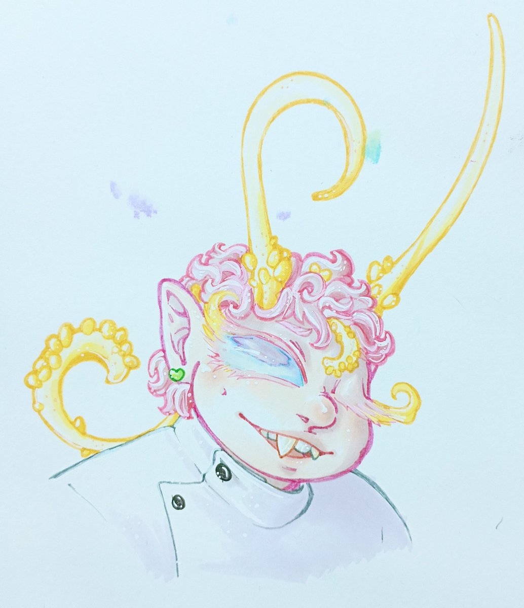 robonrolli's tweet photo. Told my coworker to pick a gender and I'd draw an OC with that gender, and she chose demiboy so!! 

Demon!Doc, aka Corwin, aka #TheToothDemon it is 🩷🦷💛

#HelluvaBossOC #HazbinHotelOC #hellaverseOC https://t.co/To6fmsxPTl
