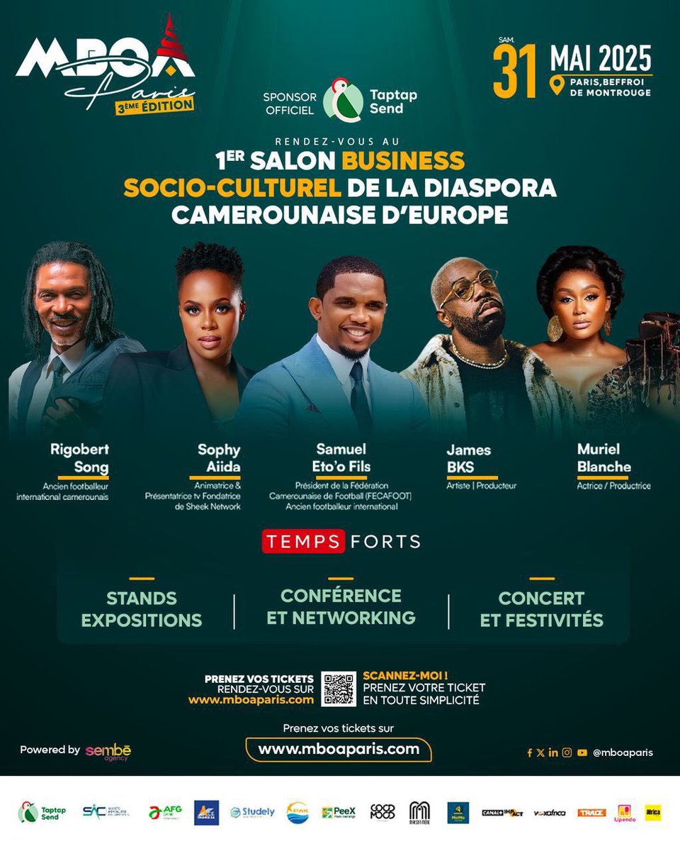 #MBOAPARIS2025 🇨🇲🇫🇷 | INVITÉS D’EXCEPTION

Le 31 mai 2025, le Beffroi de Montrouge se transforme en carrefour d’idées et de talents, pour le 1er Salon Business &amp; Socio-Culturel de la Diaspora Camerounaise en Europe 🔥

🎟️ mboaparis.com