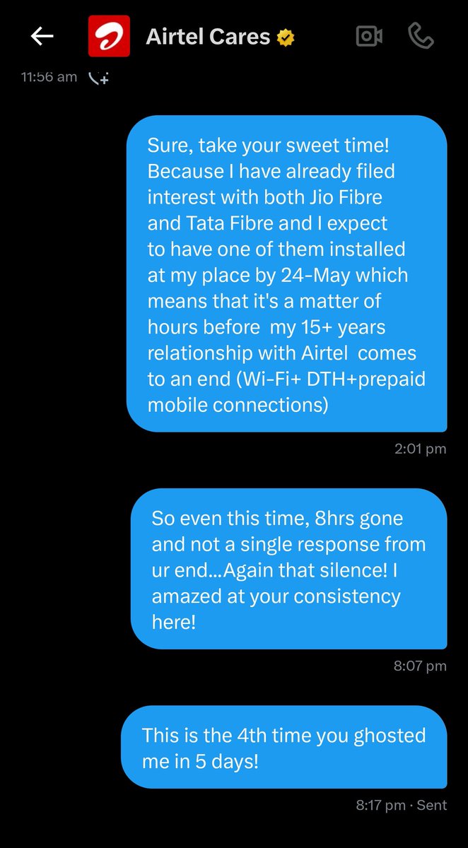 NiG_13's tweet photo. @Airtel_Presence @airtelindia 
I am in awe of your consistency with #CustomerServiceFail #Airtel #scam #AirtelTheSafeNetwork @DoT_India only if you take cognizance of such complaints! https://t.co/cM69qcTyS1