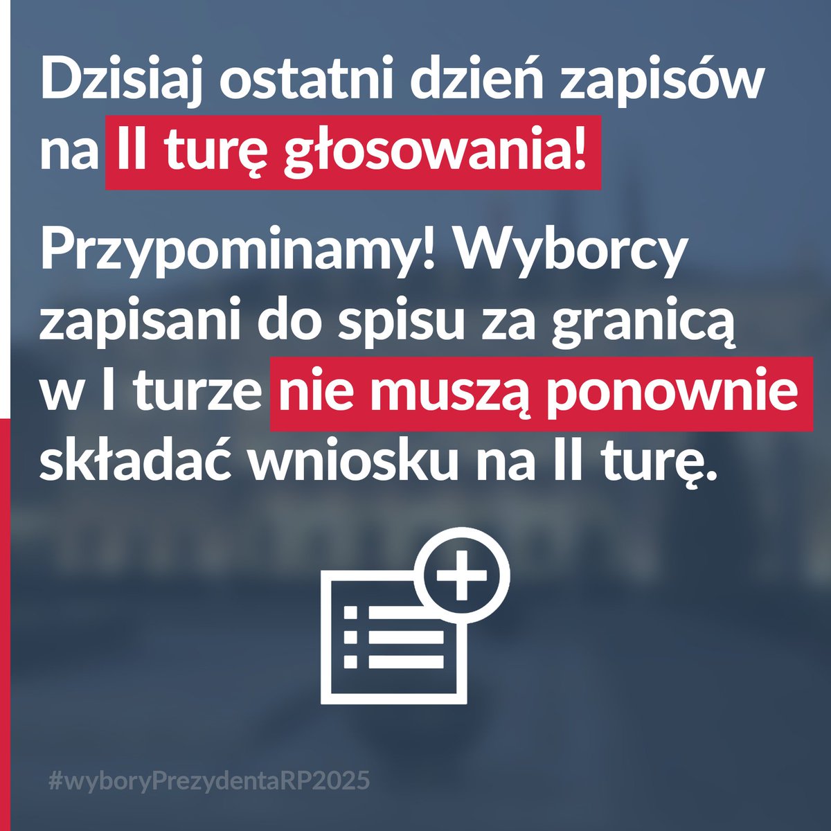 📢 Termin zapisów na II turę głosowania w wyborach upływa 27.05.2025, o 23:59 czasu lokalnego. Jeśli byłeś ujęty w spisie wyborców sporządzonym przez konsula za granicą na I turę wyborów, nie musisz ponownie składać wniosku na II turę!
<a href="/PLinEdinburgh/">PLinEdinburgh</a> <a href="/PLinManchester/">PLinManchester🇵🇱</a> <a href="/PLinBelfast/">Konsulat Generalny RP w Belfaście</a>