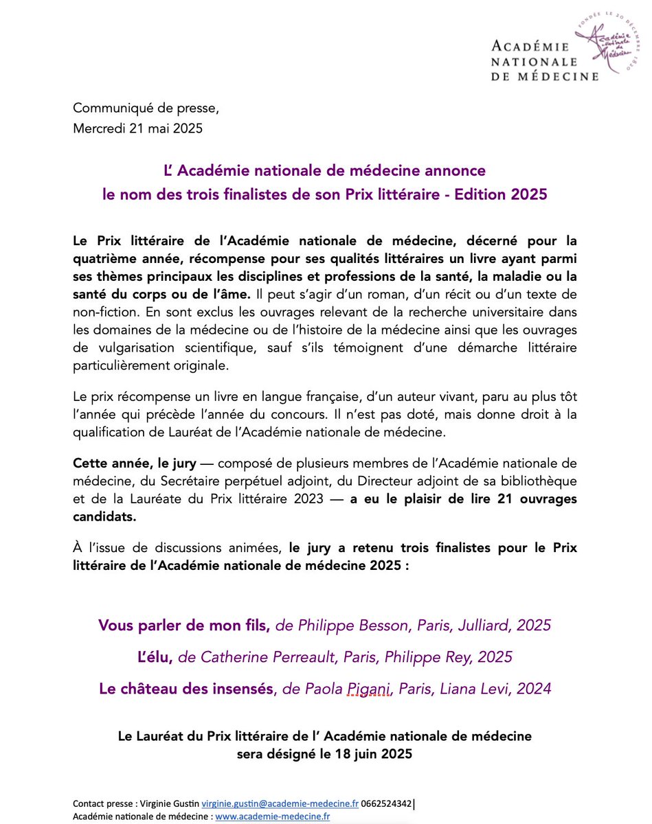 🏆 Finalistes du Prix littéraire 2025 de l’<a href="/acadmed/">Académie de médecine de France</a> :
📘 Vous parler de mon fils – P. Besson
📗 L’élu – C. Perreault
📕 Le château des insensés – P. Pigani
🔜 Lauréat dévoilé le 18 juin !
#Littérature #Santé #PrixAcadMédecine
