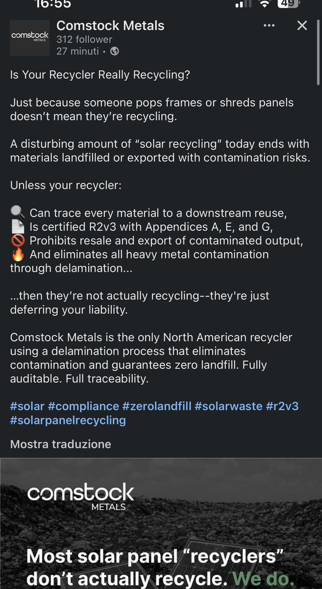alessandrobanca's tweet photo. $LODE the only ones currently to recycle and recover 100% of solar panels. incredible but true.

#solar #compliance #zerolandfill #solarwaste #r2v3 #solarpanelrecycling https://t.co/vWIGeDtz92