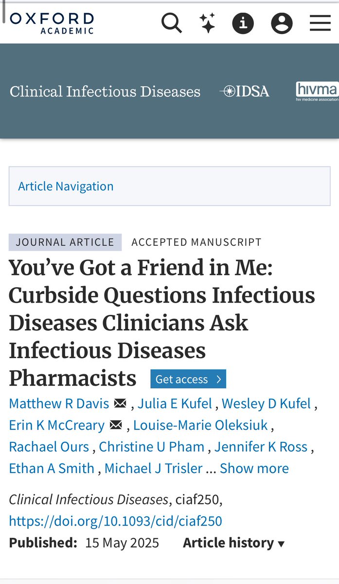 دراسة بحثية نُشرت في مجلة Clinical Infectious Diseases.

تُسلط الضوء على الدور الحيوي الذي يلعبه الصيادلة المتخصصون في الأمراض المعدية ID 

تركز على توصيف وتحليل الاستشارات السريعة (curbside questions) التي يوجهها أطباء الـID إلى صيادلة الـID وتقييم تأثير هذه الاستشارات على إدارة
