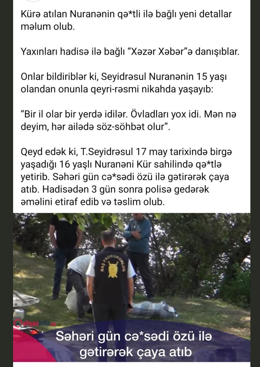 15 yaşındakı uşağı o canavara verən ailə bu cinayətdən məsuliyyət daşımalıdır.Sadəcə biabırçılıq.Nuranə,Elgün,Turanə  siyahı getdikcə uzanır.Nə tədbir görülür bəs?Heç nə.Elgünün qatilləri belə tapıla bilmir neçə gündü. Söz tapmıram biz nə vaxt bu qədər çürüdük?