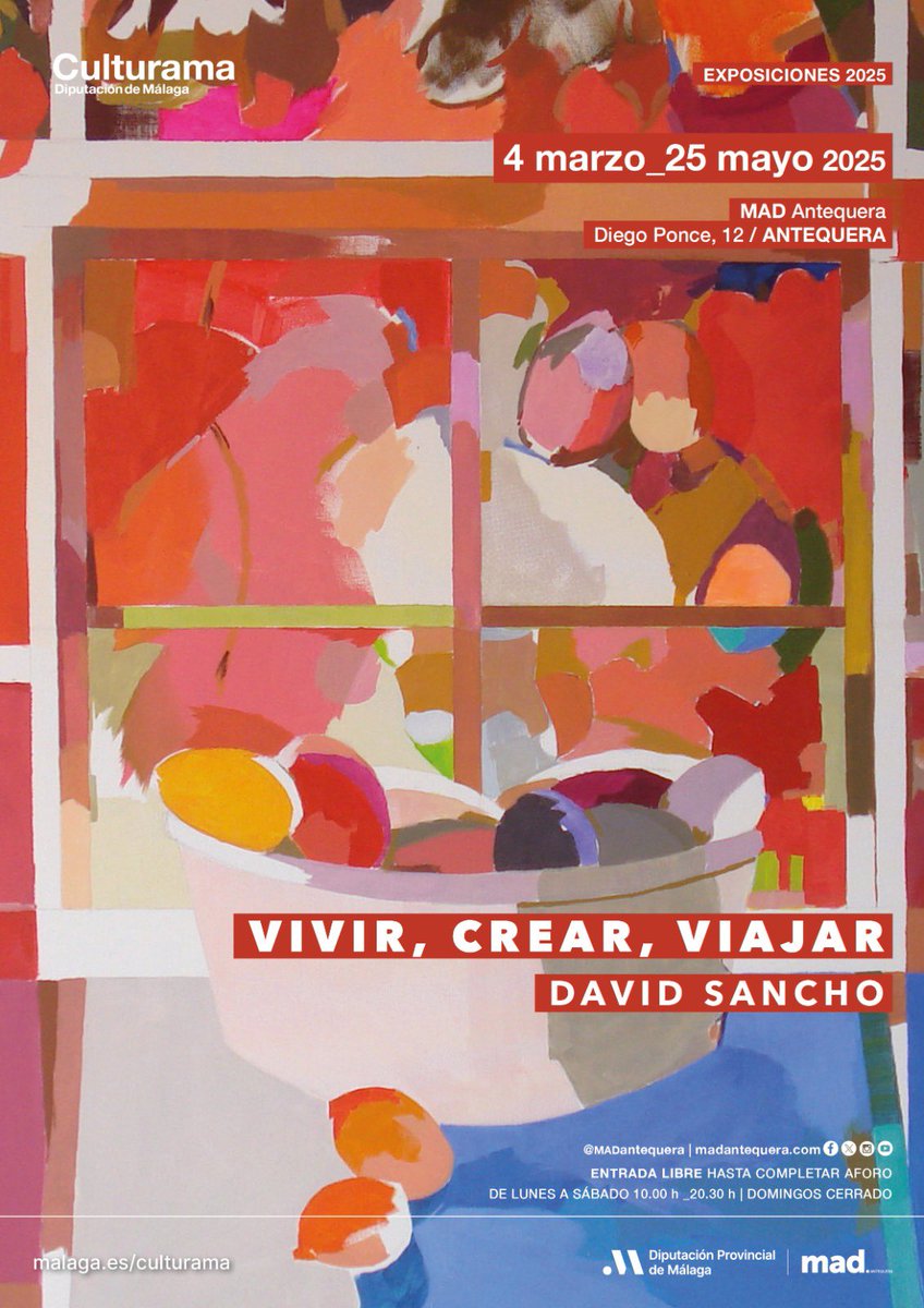 ÚLTIMOS DÍAS para disfrutar de la exposición ''Vivir, crear, viajar” del antequerano David Sancho 📢

Sus coloridas piezas nos transportan a lugares fascinantes

➡️ ¡No te la pierdas! Disponible hasta el 25 de mayo 🎟️ Entrada libre hasta completar aforo