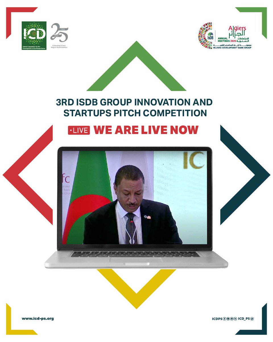 ICD_PS's tweet photo. 💡 We’re LIVE – innovation is on stage!
Tune in to the 3rd IsDB Group Innovation & Startups Pitch Competition and discover bold ideas & visionary entrepreneurs shaping a better tomorrow.
🔗 https://t.co/CZZ8uOwEMF
#ProgressBeyondBorders #2025IsDBGroupAMs https://t.co/84d6XGKZQT
