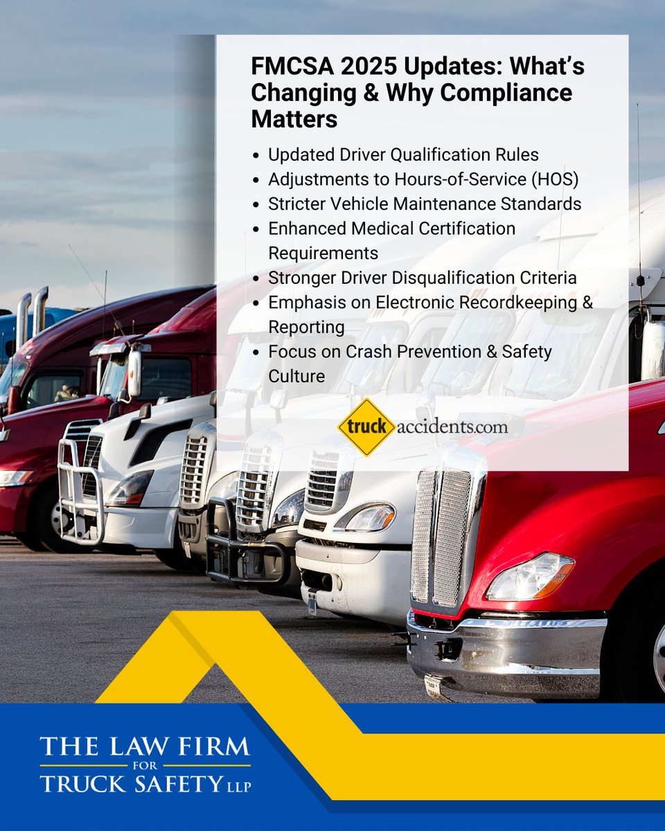 The FMCSA has introduced key updates for 2025 aimed at improving safety in the trucking industry. From revised driver qualifications to tougher maintenance rules, staying compliant is critical—for your fleet, your drivers, and the public. #TruckSafetyFirm #FMCSA #2025Regulations