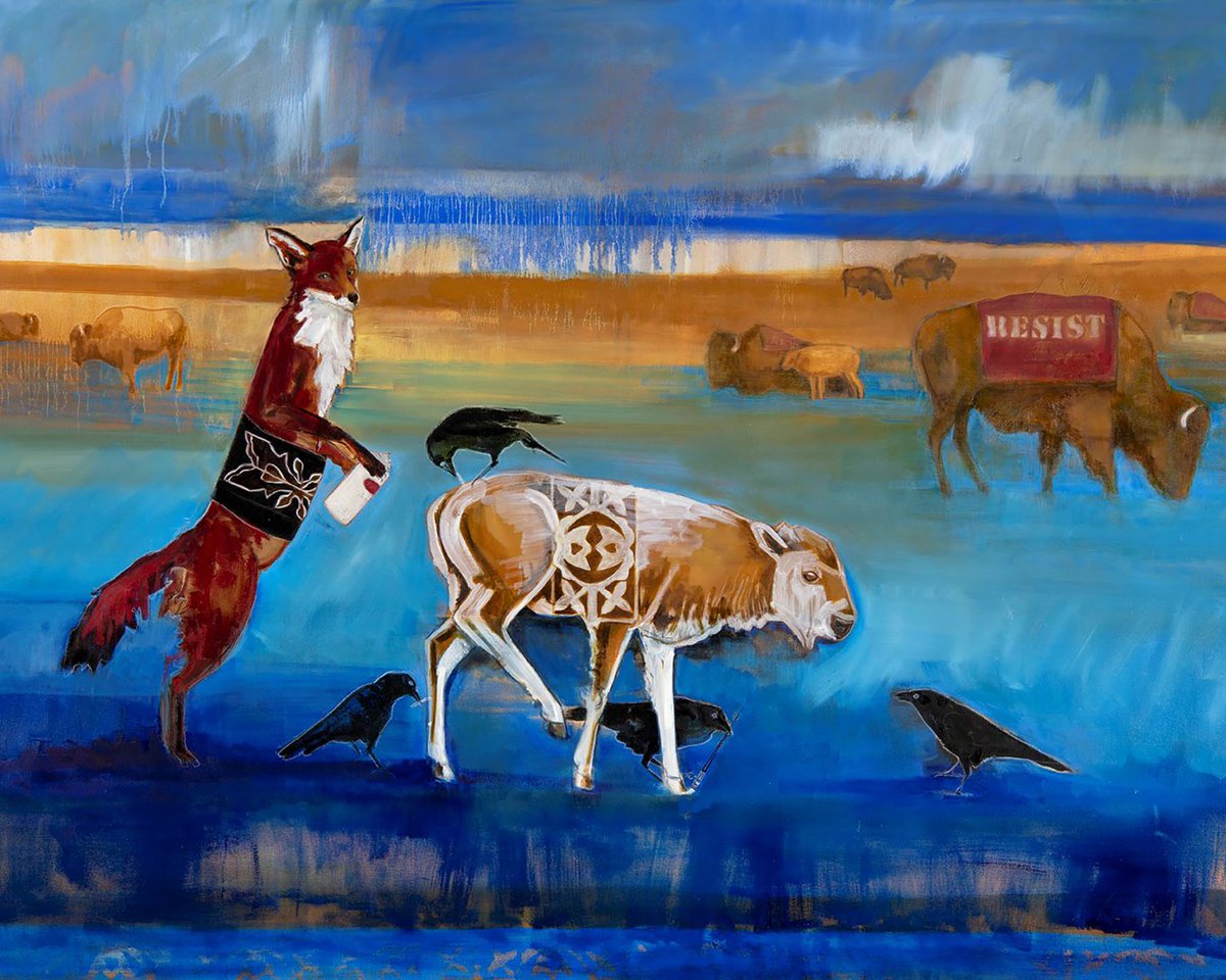 Check out Julie Buffalohead's stunning painting "White Buffalo Reborn" at the Whitney Western Art Museum! This captivating piece showcases a fox and four black birds spray-painting a bison calf, with blue tones and red blankets. #westernartwork #codywyoming #centerofthewest