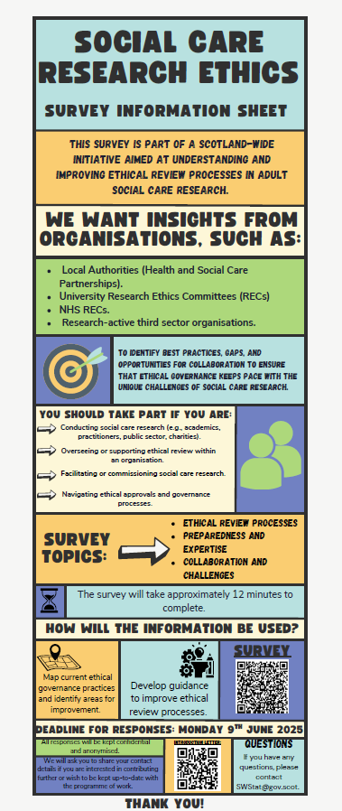 brainhealtharc's tweet image. 📢 The Social Care Research Ethics Working Group &
@scotgov are calling for views, experiences, and current practices of researchers, reviewers and stakeholders involved in ethical reviews of social care research in Scotland.
Deadline: 09/06/2025
👉 bit.ly/4j8Jg5b