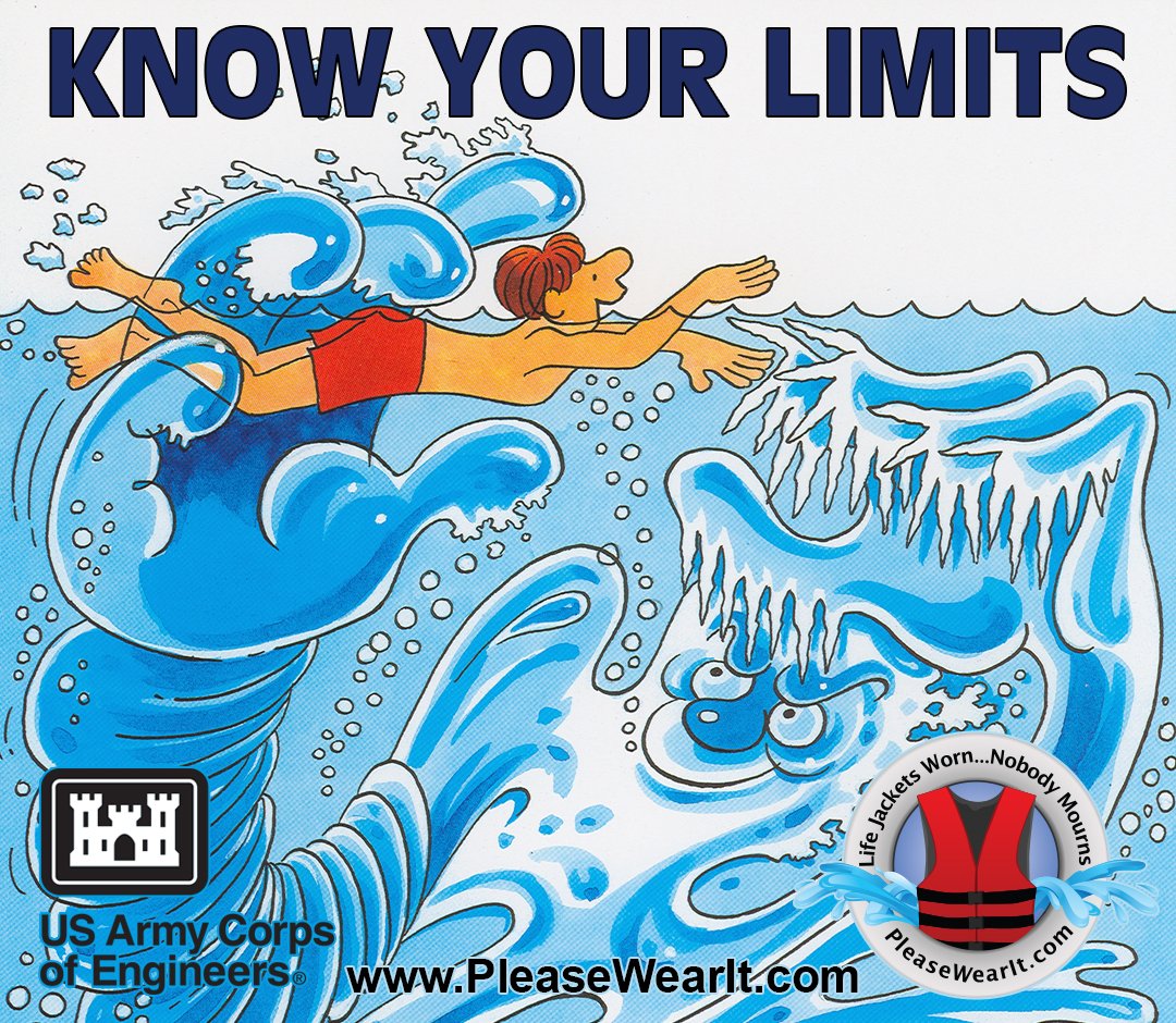 Please wear a life jacket while swimming in lakes, rivers, ponds, etc. Swimming in open water is more difficult than swimming in a pool due to waves, current, lack of experience, or decreased abilities. Know your limits and wear a life jacket to ensure you return to shore safely