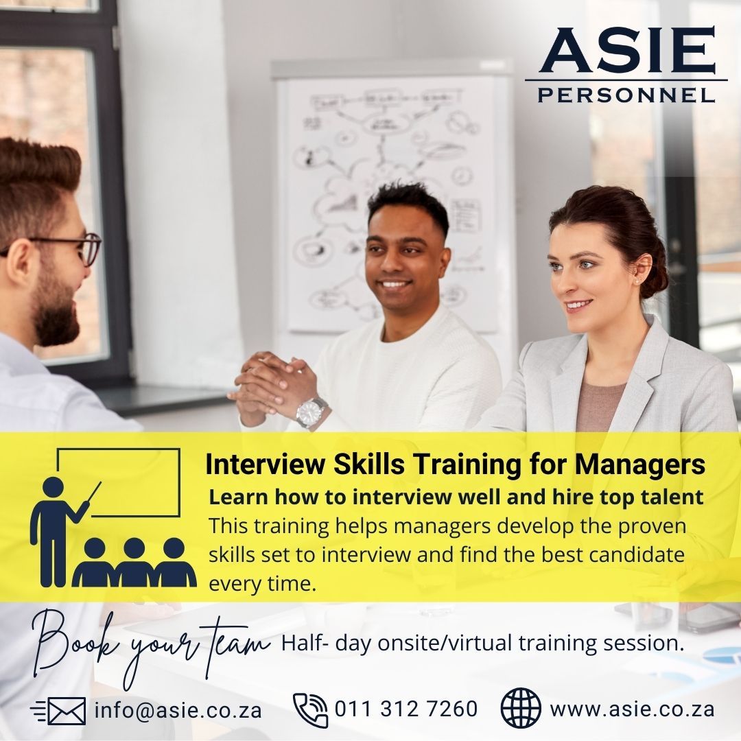 AsiePersonnel's tweet image. Has your management team been trained to conduct effective interviews and hire top talent? 

Get in touch for more information/to book your team.
E: info@asie.co.za  | W: asie.co.za | T: 011 312 7260

#asiepersonnel #interviewskillstraining #managementtraining