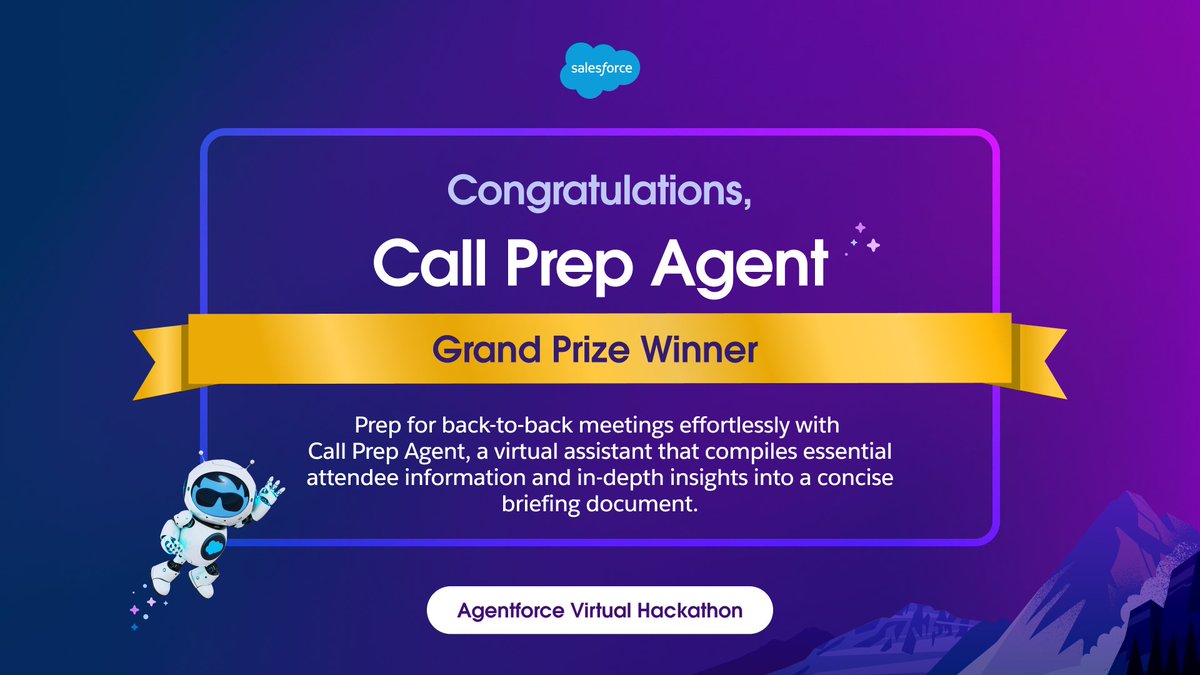 SalesforceDevs's tweet photo. 🎉 Congrats to Miftah Khan, Grand Prize winner of the Virtual #AgentforceHackathon!

🤖 He built Call Prep Agent, an AI-powered assistant that helps busy professionals prepare for meetings by generating personalized briefing docs.

👀 Check out the demo: https://t.co/aDVeeI1N4k https://t.co/mhC20cpgwB