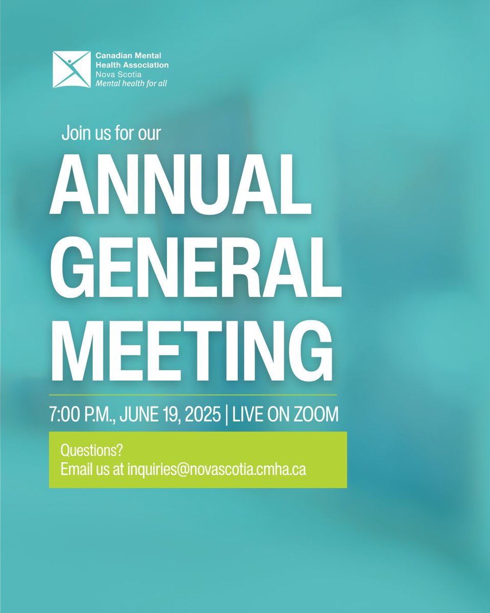 Join us LIVE on Zoom on June 19 for our AGM. 

This is an opportunity to reflect on the past year, share stories, and celebrate the impact we’ve made together in communities across Nova Scotia.

 Date: Thursday, June 19
Time: 7:00 p.m. 
Location: Online via Zoom