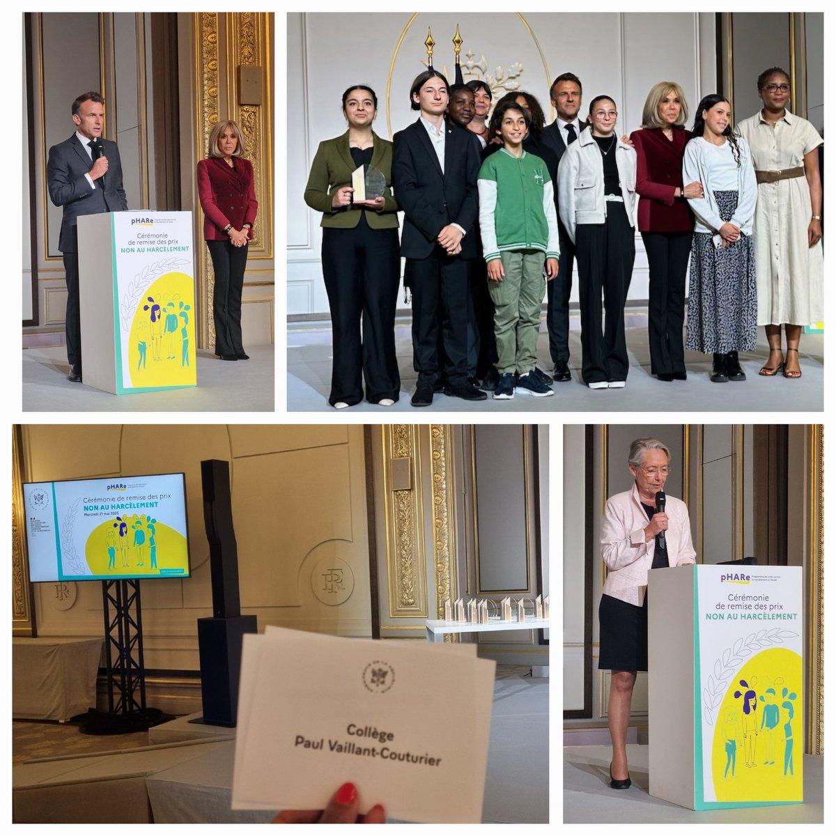 Clg Paul Vaillant Couturier (95) (@collegepvc) on Twitter photo Aujourd'hui,remise du prix national "Non au harcelement" au palais de l'<a href="/Elysee/">Élysée</a> en présence de M. <a href="/EmmanuelMacron/">Emmanuel Macron</a>,de Mme Brigitte Macron, et <a href="/Elisabeth_Borne/">Élisabeth BORNE</a>
🥇Prix de l'affiche Collège
🥇Prix des ambassadeurs NAH
<a href="/education_gouv/">Ministère Éducation nationale</a>
<a href="/acversailles/">Académie de Versailles</a> <a href="/VilleArgenteuil/">Argenteuil</a> <a href="/CAAEEVersailles/">CAAEE Versailles</a> Aujourd'hui,remise du prix national "Non au harcelement" au palais de l'<a href="/Elysee/">Élysée</a> en présence de M. <a href="/EmmanuelMacron/">Emmanuel Macron</a>,de Mme Brigitte Macron, et <a href="/Elisabeth_Borne/">Élisabeth BORNE</a>
🥇Prix de l'affiche Collège
🥇Prix des ambassadeurs NAH
<a href="/education_gouv/">Ministère Éducation nationale</a>
<a href="/acversailles/">Académie de Versailles</a> <a href="/VilleArgenteuil/">Argenteuil</a> <a href="/CAAEEVersailles/">CAAEE Versailles</a>