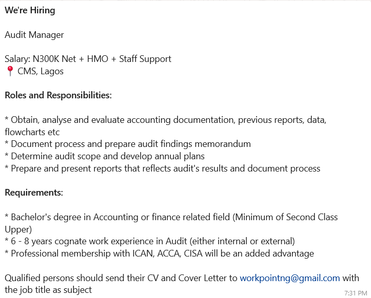 workpointnig's tweet image. We&apos;re Hiring: Audit Manager
📍CMS, Lagos | Salary: ₦300K Net + HMO + Staff Support
6–8 yrs audit experience | BSc in Accounting (2:1 min) | ICAN/ACCA/CISA is a plus
Apply: Send CV &amp;amp; Cover Letter to workpointng@gmail.com with job title as subject
#AuditManager #Lagos #Workpoint