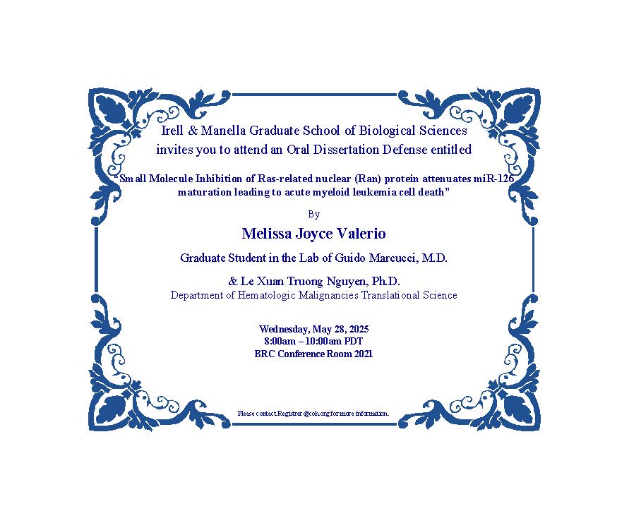 Congratulations to Melissa Joyce Valerio as she prepares to defend her dissertation "Small molecule inhibition of Ras-related nuclear (RAN) protein attenuates miR-126 maturation leading to acute myeloid leukemia cell death" on May 28 at 8 am.  Good luck Melissa! <a href="/cityofhopeedu/">City of Hope Prof Ed: Ph.D. & Master Programs</a>