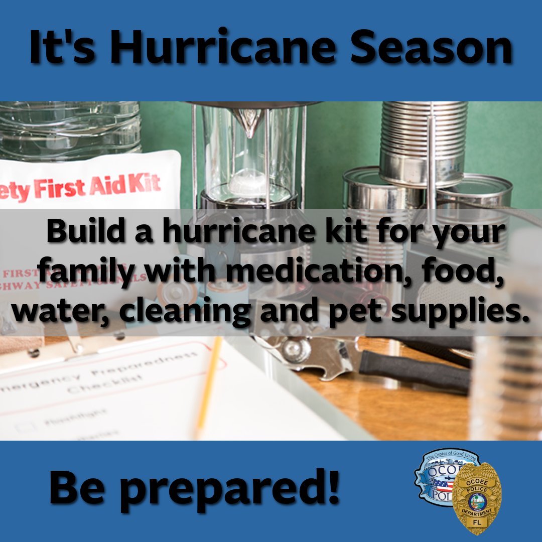 It’s officially #HurricaneSeason in Florida.
Now’s the time to prepare! Build a hurricane kit with:
✔️ Medication
✔️ Food &amp; Water
✔️ Cleaning supplies
✔️ Pet essentials
Learn more: ready.gov/hurricanes
#HurricanePrep #Ocoee #OcoeePoliceDepartment