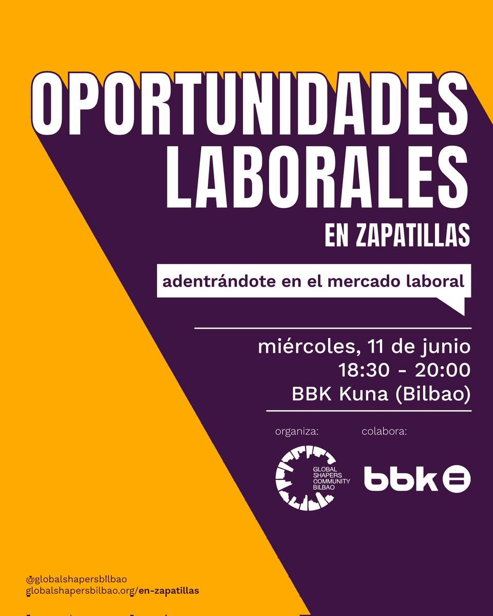¿Buscas #empleo? Te contamos cómo entrar en el mercado laboral y encontrar tu primer #trabajo 

🗓️ 11 de junio
🕓 18:30 horas
📍 BBK KUNA (Bilbao)
🎟️ Reserva tu plaza: globalshapersbilbao.org/en-zapatillas/