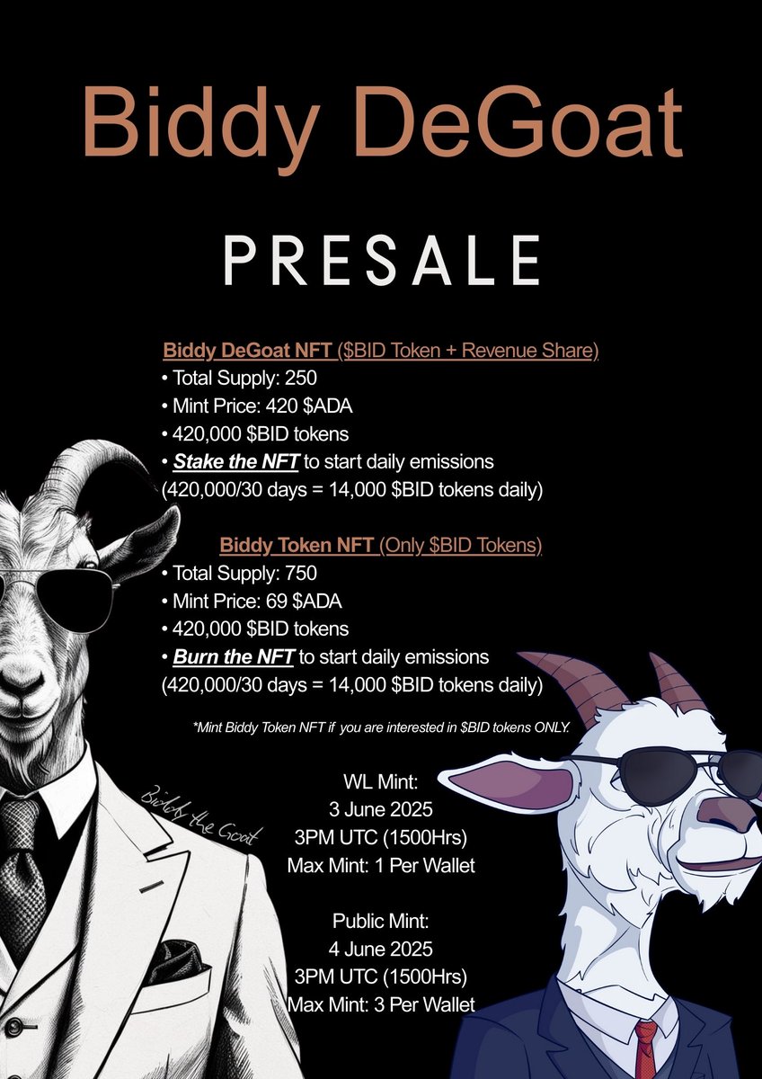 $BID ๐ต (@biddythegoat) on Twitter photo WHITELIST ๐ต
โ
Drop your $ADA wallet addy and tag a Goat!
๐๐๐๐๐๐๐๐๐๐๐๐๐๐๐
โข โDeGoatโ NFT (420) is limited to 250 total supply
โข โTokenโ NFT (69) will remain available for those looking to accumulate $BID tokens exclusively
Ready to Bid on ๐๐ฒ๐๐ผ๐ฎ๐ ๐ต? WHITELIST ๐ต
โ
Drop your $ADA wallet addy and tag a Goat!
๐๐๐๐๐๐๐๐๐๐๐๐๐๐๐
โข โDeGoatโ NFT (420) is limited to 250 total supply
โข โTokenโ NFT (69) will remain available for those looking to accumulate $BID tokens exclusively
Ready to Bid on ๐๐ฒ๐๐ผ๐ฎ๐ ๐ต?
