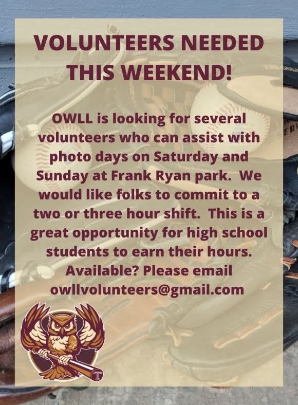 OWLLD2's tweet image. VOLUNTEERS NEEDED THIS WEEKEND!

OWLL is looking for several volunteers who can assist with photo days on Saturday and Sunday at Frank Ryan park. We would like folks to commit to a two or three hour shift on either day. ...2