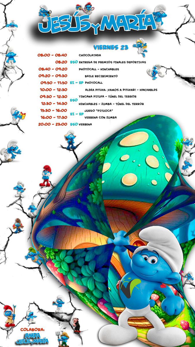 💙🎉 ¡Mañana comienzan las Pitufiestas Vedruna! 🎉💙
El cole se llena de magia azul, alegría y muchas sorpresas…
👣 Juegos, música, color y ¡pitufodiversión asegurada!
¡Echa un vistazo 👀 al programa!👇🏽🍄
#PitufiestasVedruna #VedrunaEnFiesta #SomosVedruna #SomosFamilia