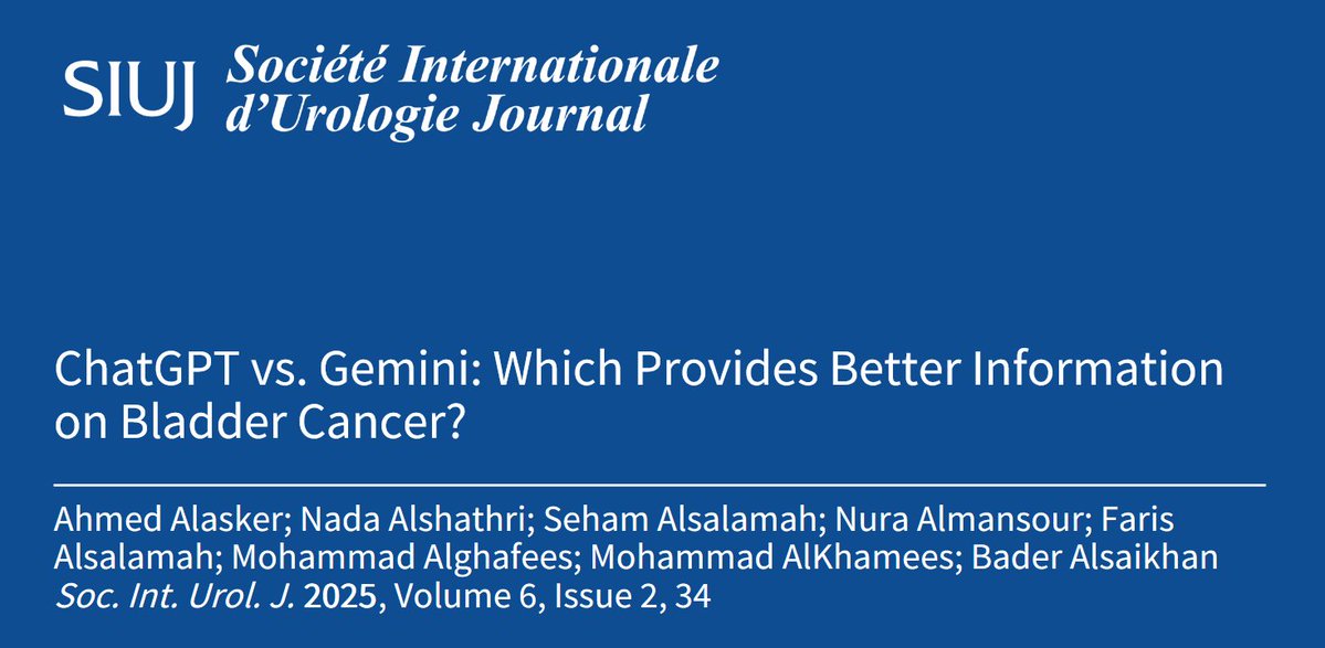 Société Internationale d'Urologie Journal (@siu_journal) on Twitter photo In this original research, the authors evaluate the effectiveness of large language models as resources for educating the public about #bladder #cancer.
🔗to Full Article: mdpi.com/3277528
📜Latest Issue: mdpi.com/2563-6499/6/2?…
<a href="/SIU_urology/">SIU-Urology</a> <a href="/pcvblack/">Peter Black</a> <a href="/SpiessPhilippe/">Philippe spiess</a> In this original research, the authors evaluate the effectiveness of large language models as resources for educating the public about #bladder #cancer.
🔗to Full Article: mdpi.com/3277528
📜Latest Issue: mdpi.com/2563-6499/6/2?…
<a href="/SIU_urology/">SIU-Urology</a> <a href="/pcvblack/">Peter Black</a> <a href="/SpiessPhilippe/">Philippe spiess</a>